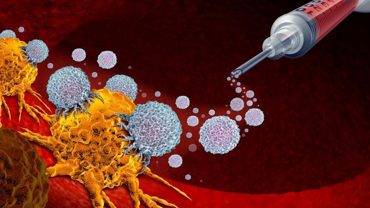 An animated drawing of a syringe releasing contents that attacks cancer cells.