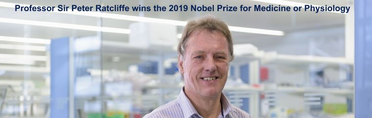 A headshot profile photo of Professor Sir Peter Ratcliffe with his laboratory in the background with the text "Sir Peter Ratcliffe wins the 2019 Nobel Prize for Medicine or Physiology"